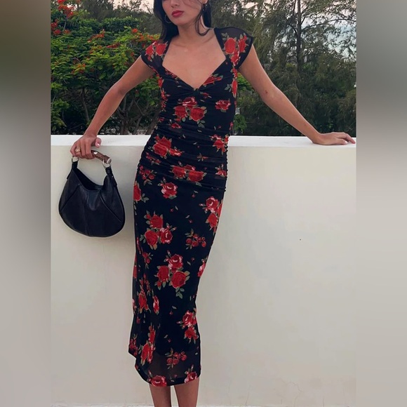 Commense Semi-Sheer Floral Print Ruched Side Midi Dress size small - Picture 1 of 4